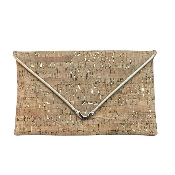 Chico’s Cork Clutch Envelope Purse With Chain Gold Trim Boho Evening Event - Picture 1 of 8